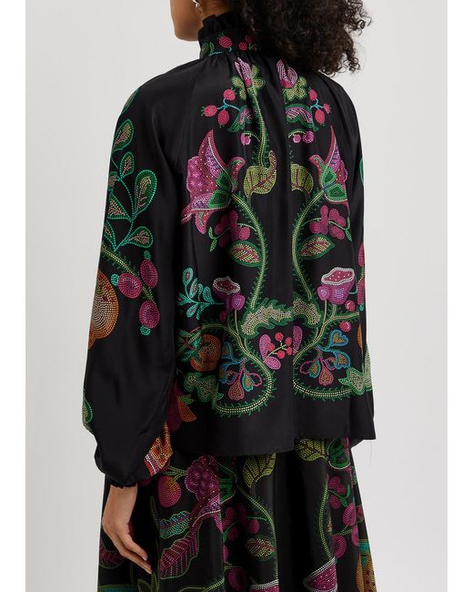 LaDoubleJ Black Cerere Floral-print Silk-satin Blouse