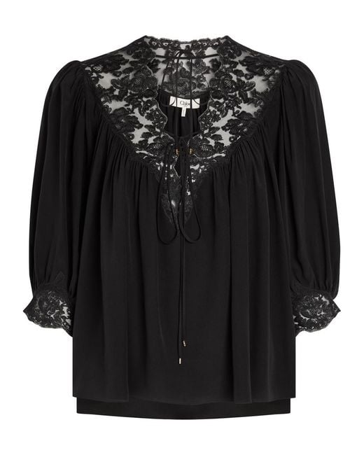 Chloé Black Lace-Trimmed Silk Blouse
