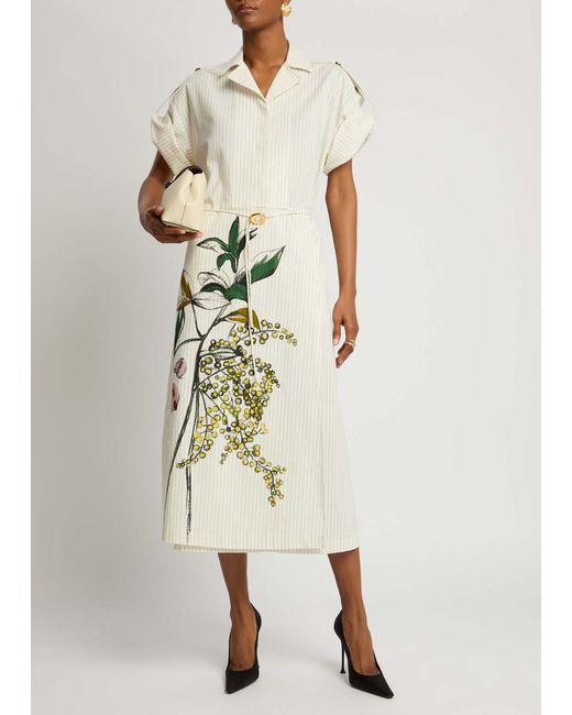 Stine Goya White Striped Printed Cotton Midi Shirt Dress