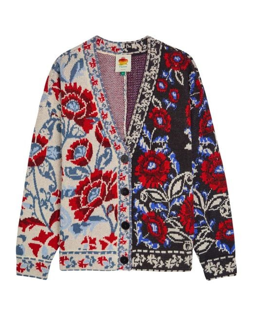 Farm Rio Red Mixed Valentina Floral-Jacquard Knit Cardigan