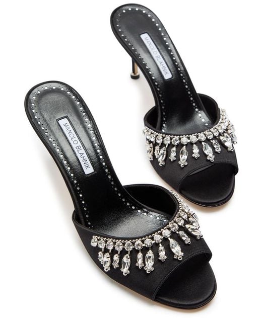Manolo Blahnik Black Tulimu 70 Crystal-Embellished Satin Mules