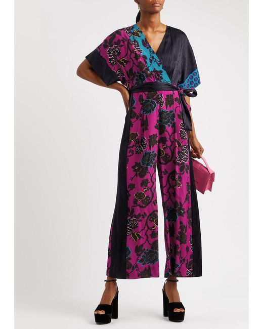 Diane von Furstenberg Blue Rinna Printed Crepe De Chine Jumpsuit