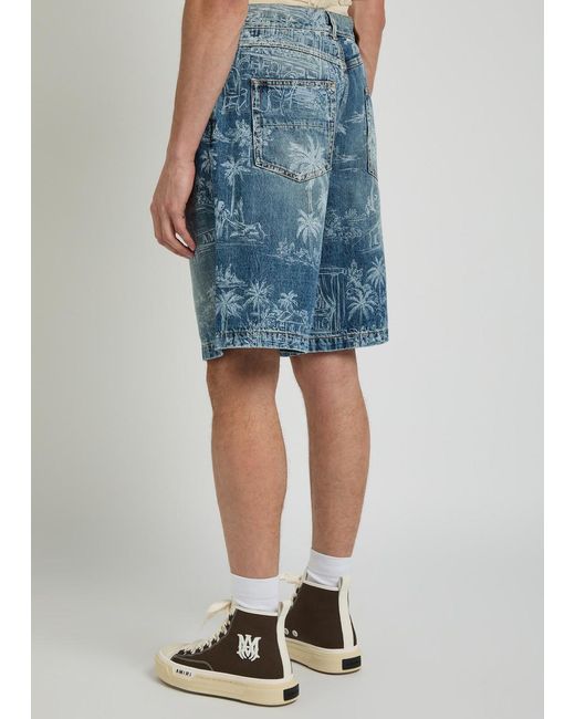 Amiri Blue Palm Printed Denim Shorts for men
