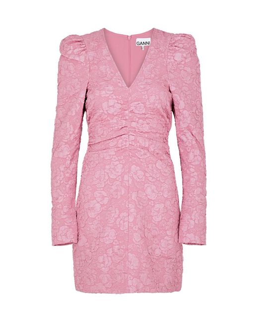 Ganni Pink Floral-jacquard Mini Dress