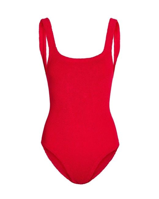 Hunza G Red Coverage Square-Neck Crinkle Swimsuit