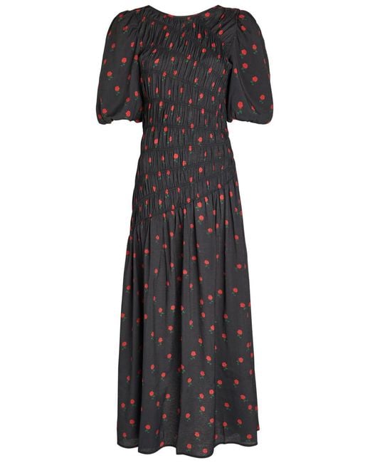 Never Fully Dressed Black Nara Rose-Print Shirred Woven Midi Dress