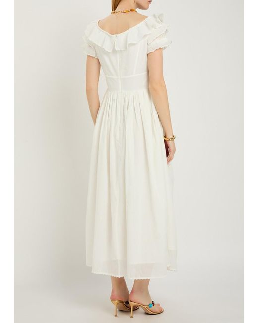 Thierry Colson White Falbala Embroidered Cotton Midi Dress