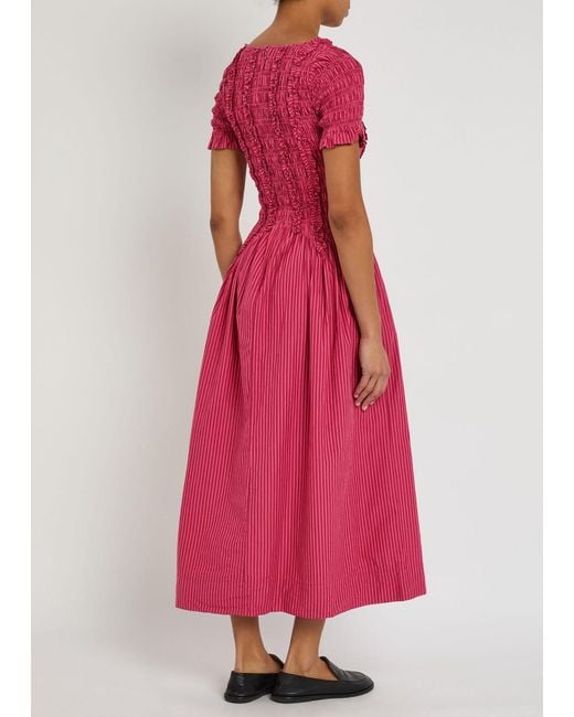 Damson Madder Pink Raphaela Striped Cotton Midi Dress