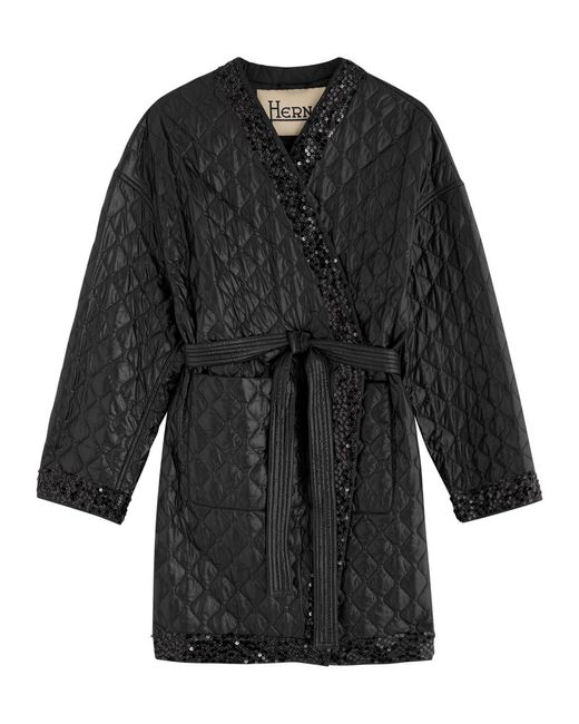 Herno Black Embellished Quilted Shell Wrap Jacket