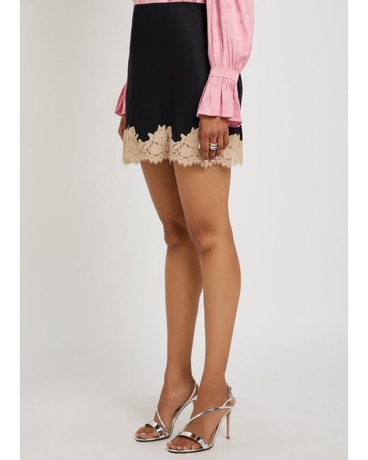 Rixo Black Ariah Lace-Trim Satin Mini Skirt