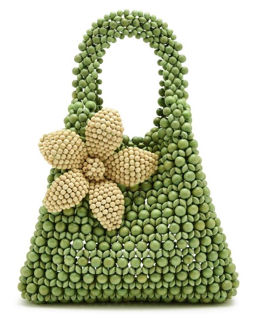 Aranaz Green Flora Beaded Top Handle Bag