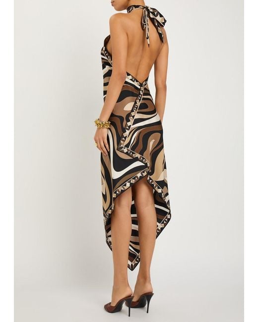 Emilio Pucci White Halterneck Printed Silk Midi Dress