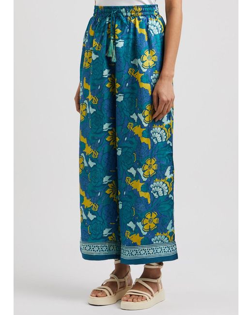 Hannah Artwear Blue Emmy Printed Cropped Silk Trousers