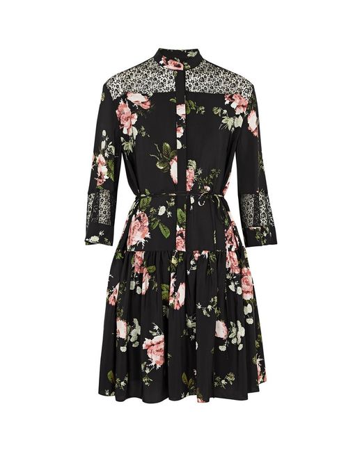 Erdem Black Floral-print Lace-panelled Silk Mini Dress