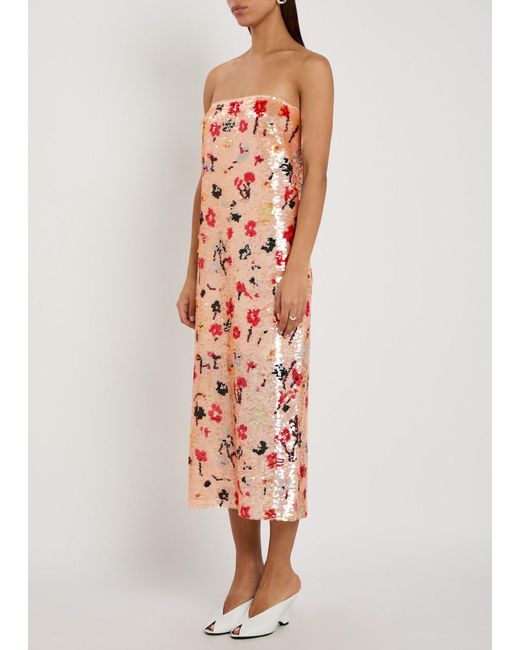 Tory Burch Pink Floral Strapless Sequin Midi Dress
