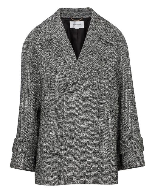 Victoria Beckham Gray Herringbone Wool-blend Pea Coat