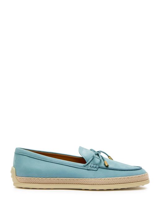 Tod's Green Raffia-Trim Suede Loafers