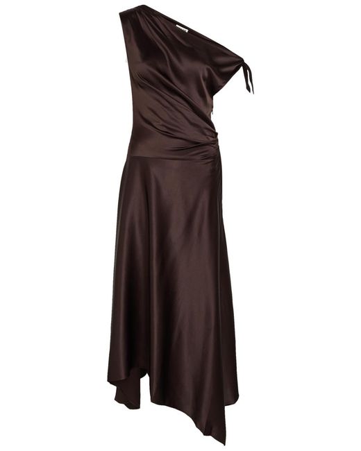 Staud Brown Portia Asymmetric Stretch-Silk Midi Dress