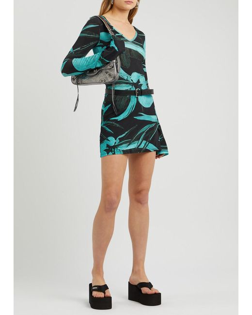 Louisa Ballou Green Floral-Print Stretch-Jersey Mini Dress