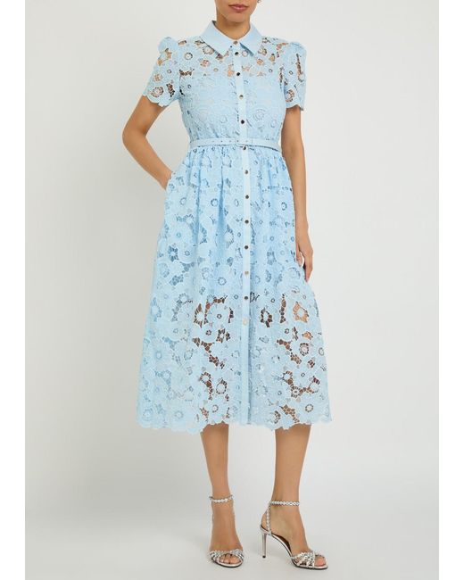Self-Portrait Blue Belted Guipure-Lace Midi Shirt Dress