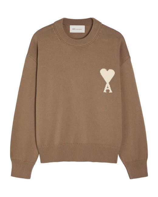 AMI Brown Logo-Intarsia Wool And Cotton-Blend Jumper for men