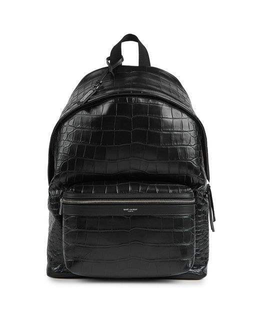 Saint Laurent Black City Crocodile-Effect Leather Backpack for men