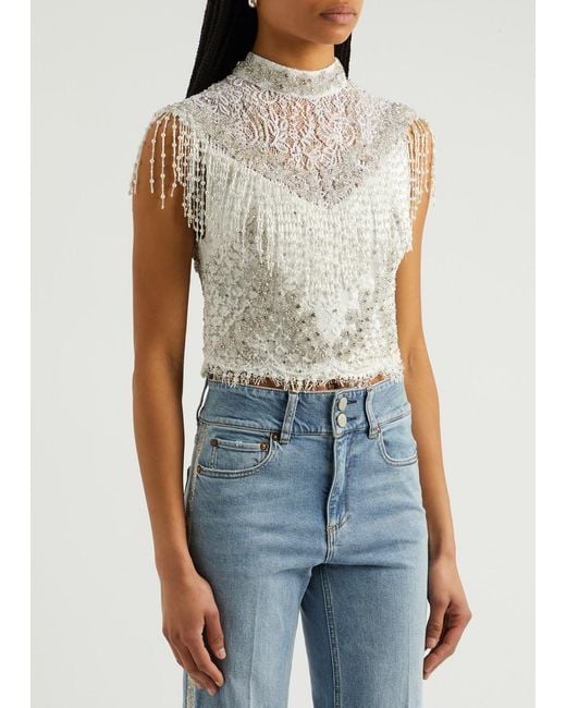 Alice + Olivia White Pria Embellished Lace Top