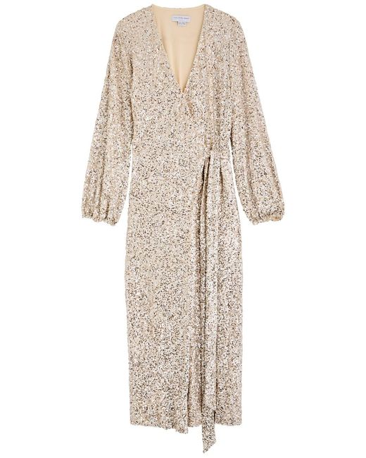 Never Fully Dressed Natural Kira Sequin-Embellished Midi Wrap Dress