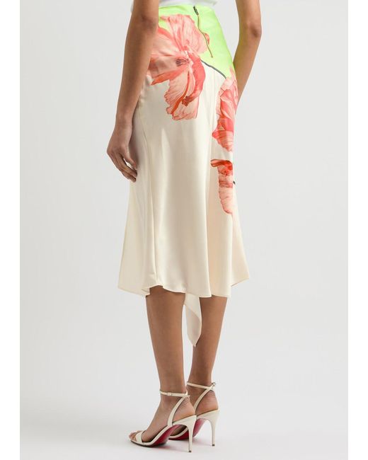 Alice + Olivia White Harmony Floral-Print Satin Midi Skirt