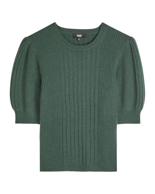 PAIGE Green Kato Puff-Sleeve Ribbed Cashmere Top