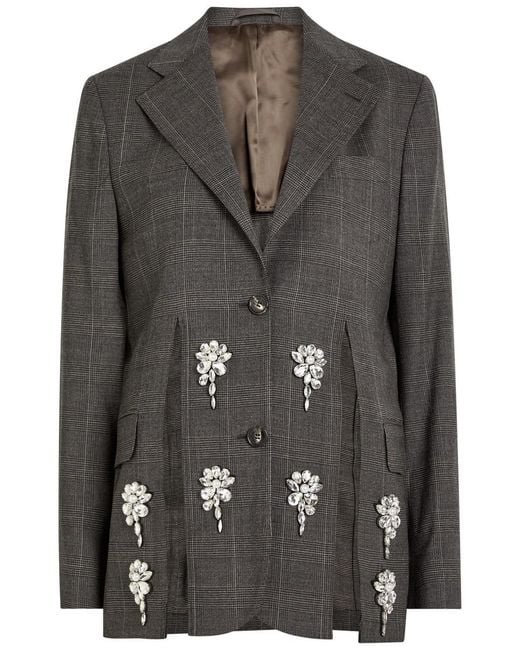 Simone Rocha Black Crystal-Embellished Checked Stretch-Wool Blazer