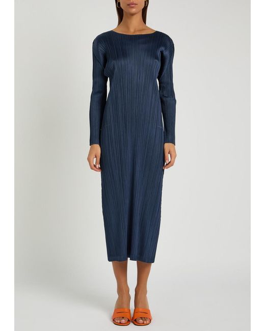 Pleats Please Issey Miyake Blue Pleated Woven Midi Dress