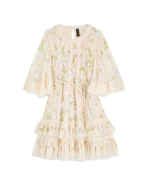 Needle & Thread Natural Gloss Floral-Embellished Tulle Mini Dress