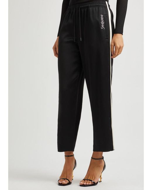 Saint Laurent Black Logo-embroidered Cropped Satin Trousers
