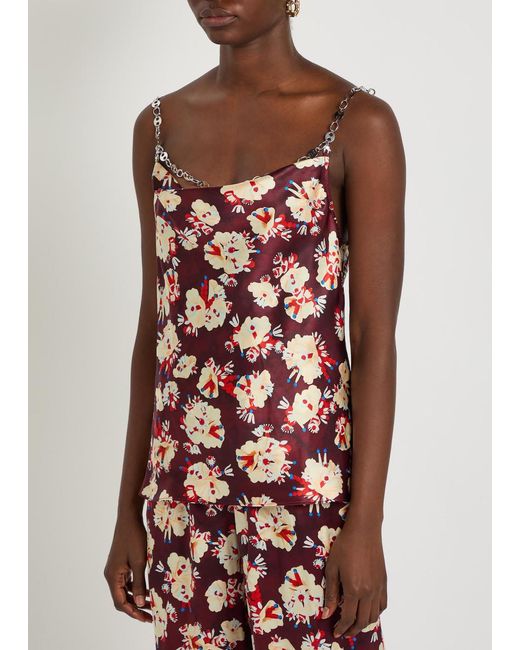 Rabanne Red Floral-Print Metal Detail Silk Blouse