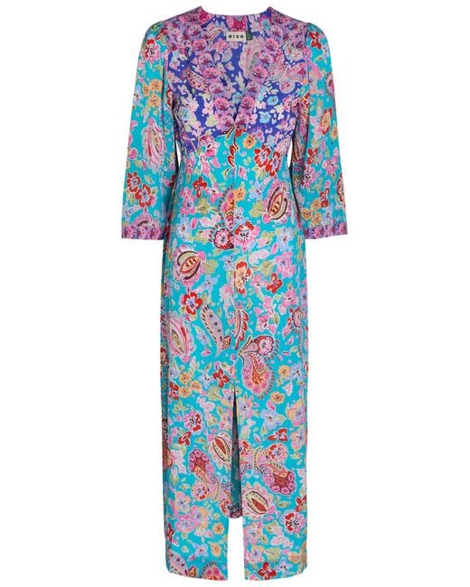 Rixo Blue Dahlia Floral-Print Silk Midi Dress