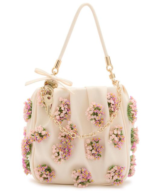 Self-Portrait Natural Floral Bead-Embellished Satin Tote