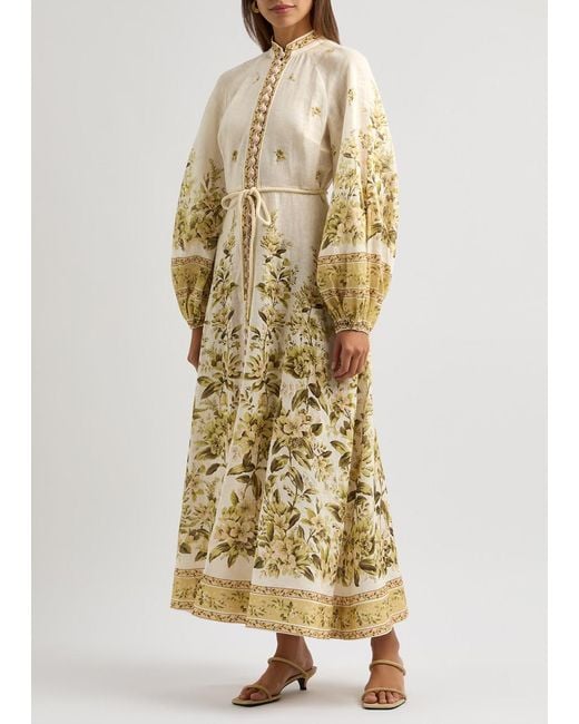 Zimmermann Golden Floral-Print Linen Maxi Dress in Natural | Lyst