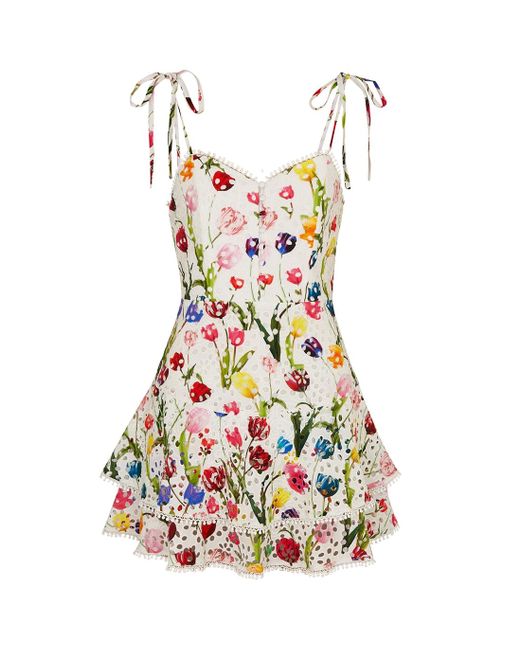 Alice + Olivia White Alice + Olivia Rosette Floral-print Cotton Mini Dress