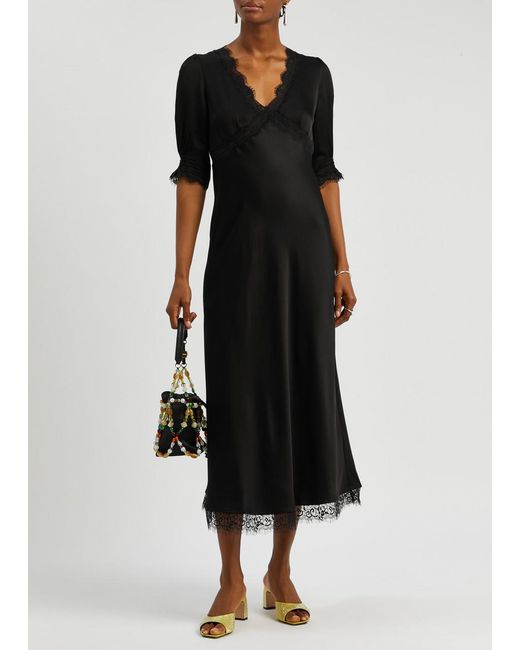 Rixo Black Gabrielle Lace-trimmed Satin Midi Dress