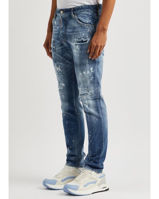 DSquared² Blue Skater Paint-splatter Skinny Jeans for men