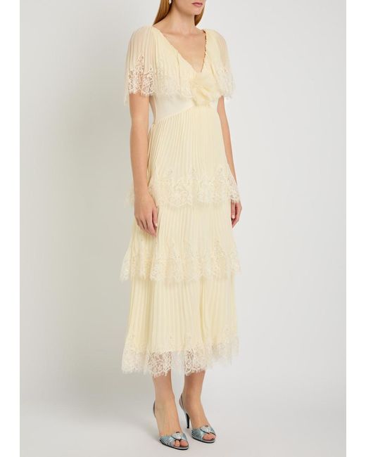 Self-Portrait Natural Tiered Lace-Trim Plissé Chiffon Midi Dress