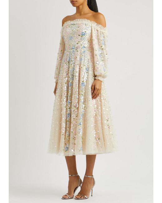 Needle & Thread White Confetti Sequin-Embellished Tulle Dress