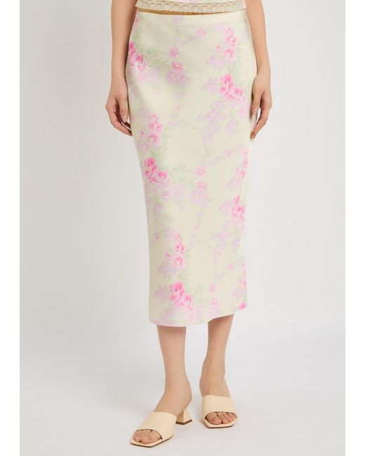LoveShackFancy Pink Castle Floral-Print Satin Midi Skirt