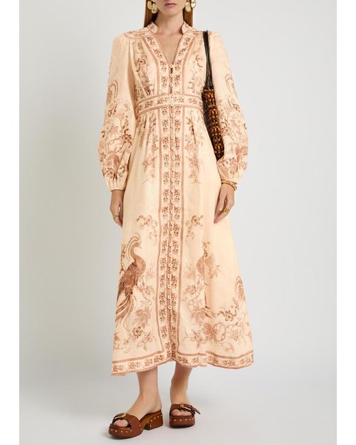 Zimmermann Natural Indra Printed Plunge Linen Midi Dress