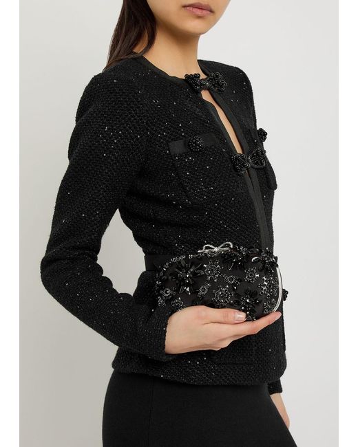 Self-Portrait Black Floral-Embellished Satin Box Clutch