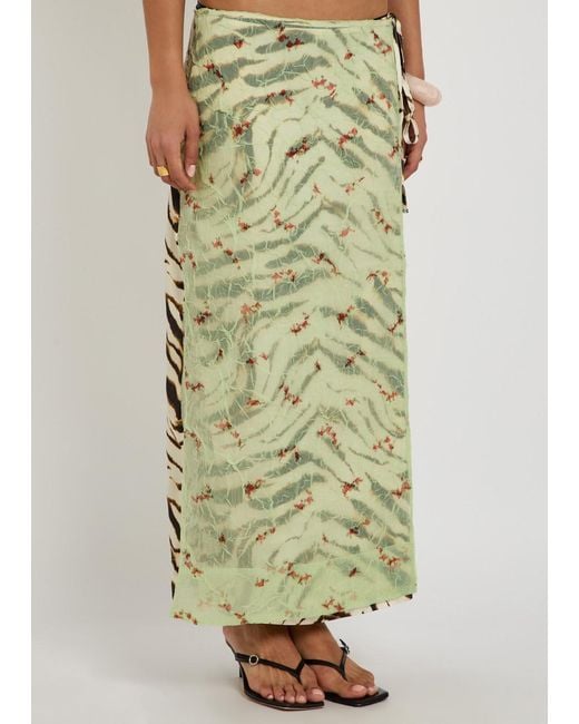 Ganni Natural Zebra-Print Layered Satin Maxi Wrap Skirt