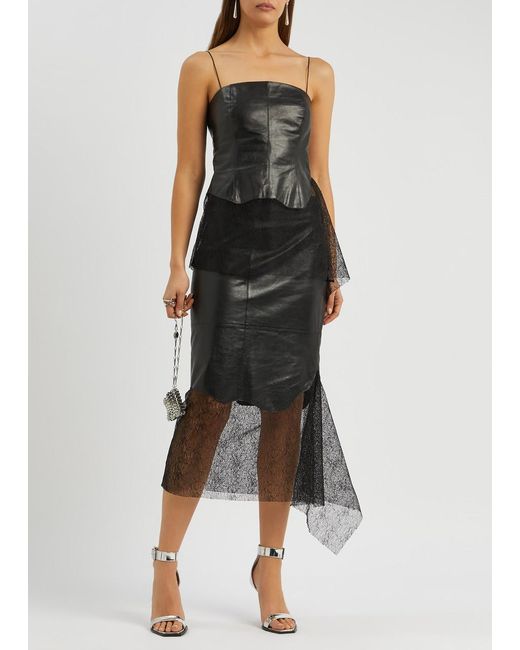 Helmut Lang Black Lace-panelled Leather Midi Skirt