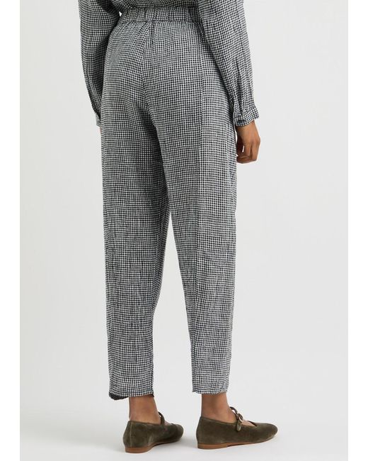 Eileen Fisher Gray Checked Tapered Linen Trousers