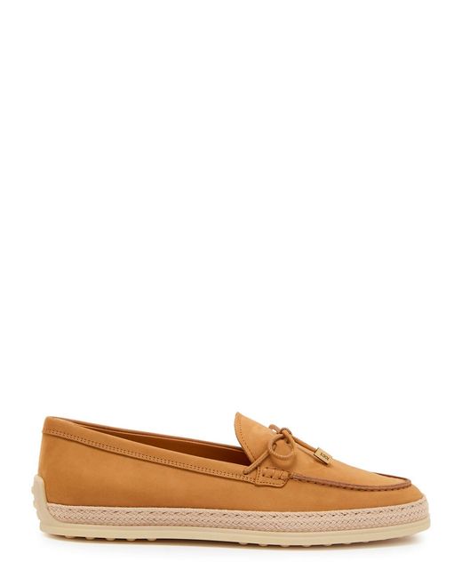 Tod's Brown Raffia-Trim Suede Loafers